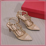 VAL032-107 Rockstud Ankle Strap 3-Inch Fishnet Heels Shoes StyleMoto Brown 35 