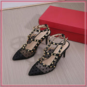 VAL032-107 Rockstud Ankle Strap 3-Inch Fishnet Heels Shoes StyleMoto Black 35 