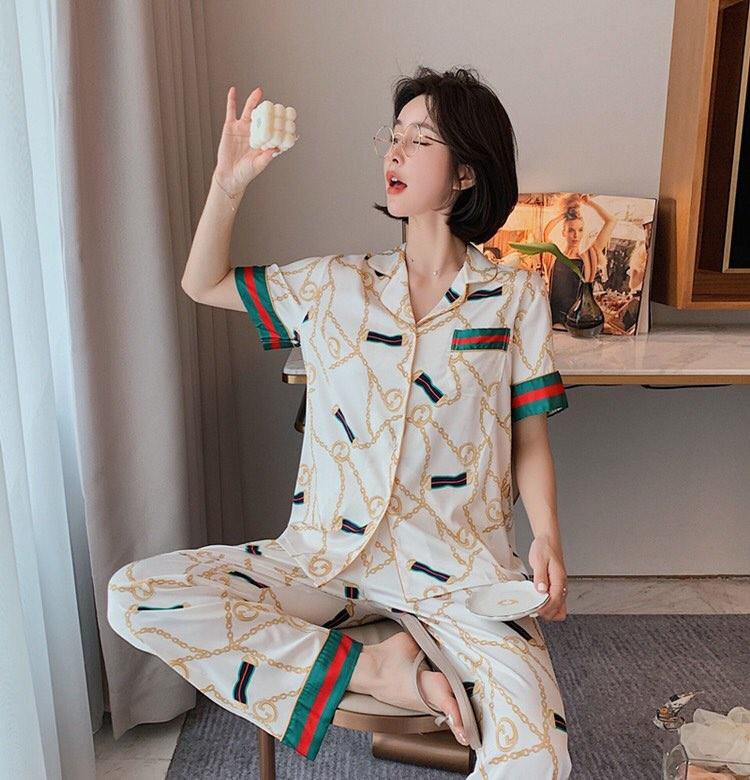 Silk Sleepwear Short Sleeve Pajama Set StyleMoto GG Chain White 