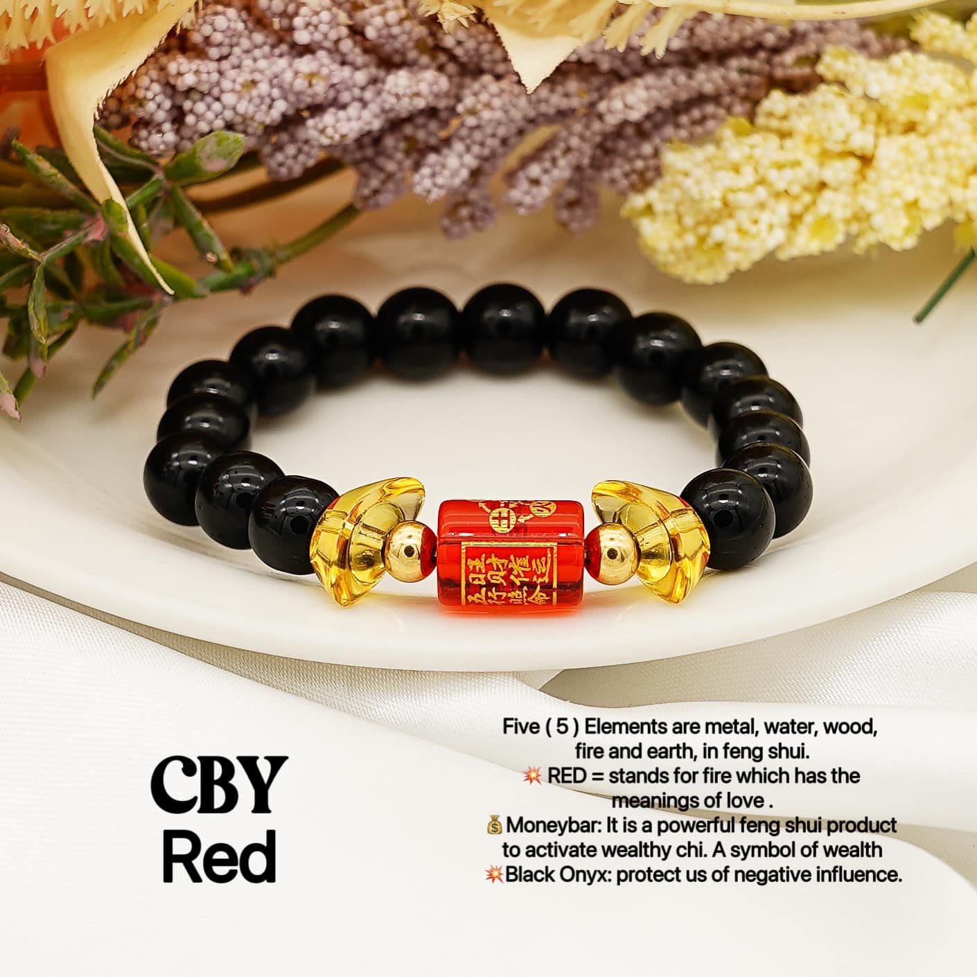 Lucky Five-Element Sign with Black Onyx Charm Bracelet StyleMoto Red 