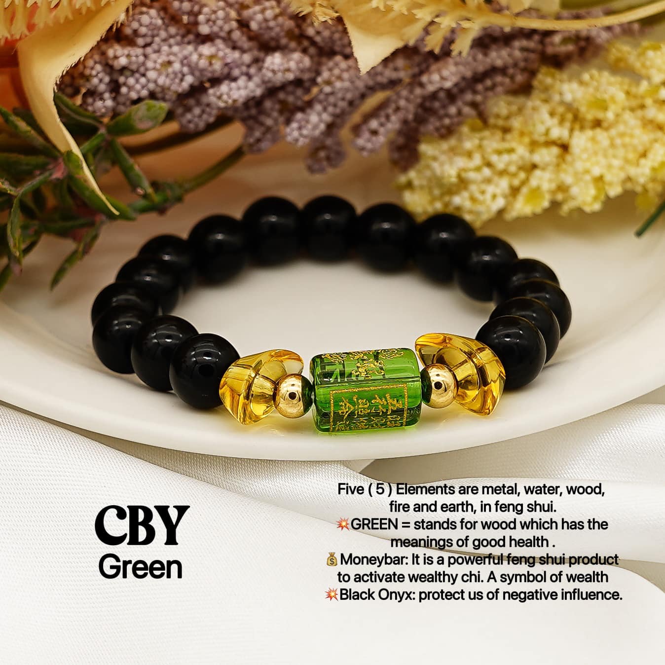 Lucky Five-Element Sign with Black Onyx Charm Bracelet StyleMoto Green 
