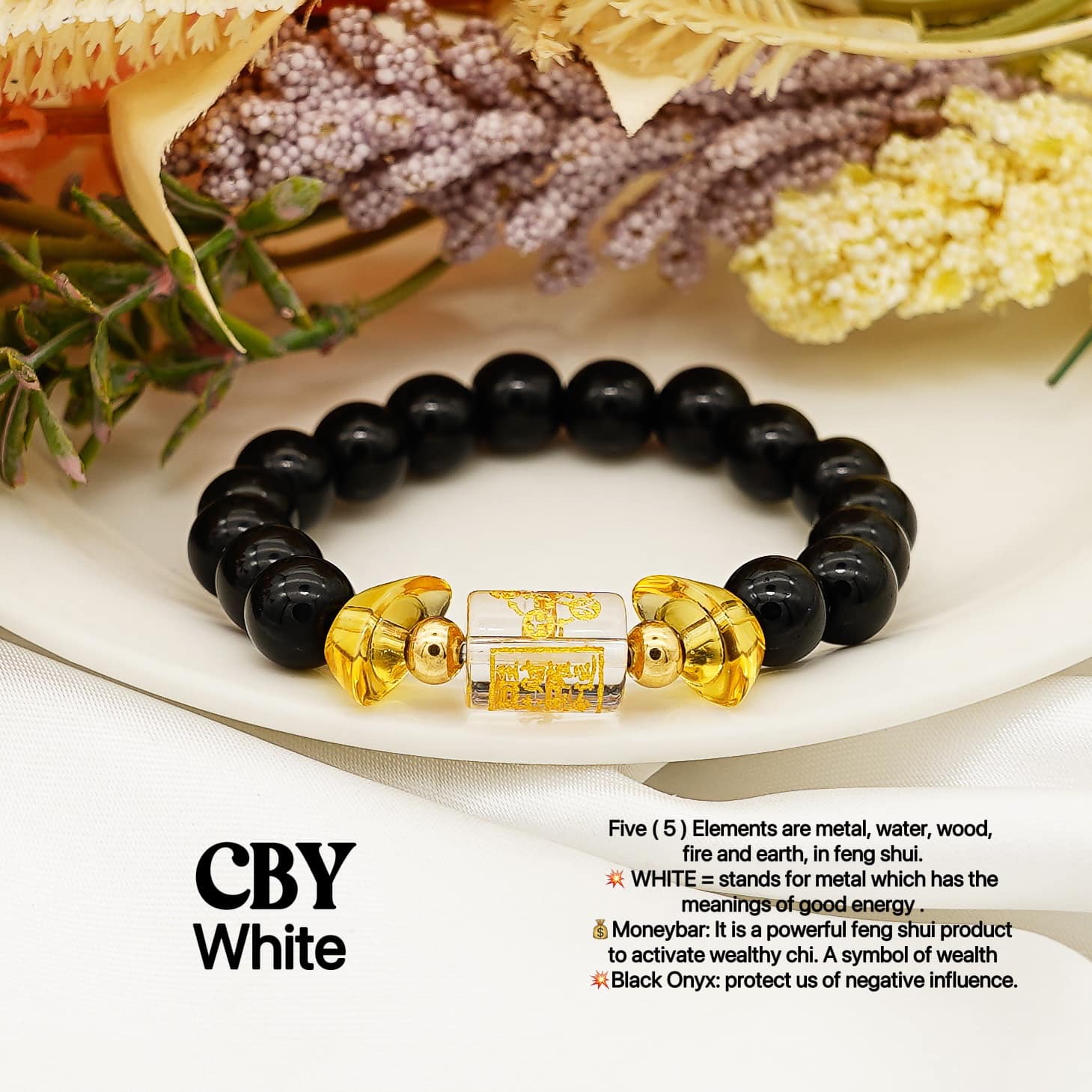 Lucky Five-Element Sign with Black Onyx Charm Bracelet StyleMoto White 