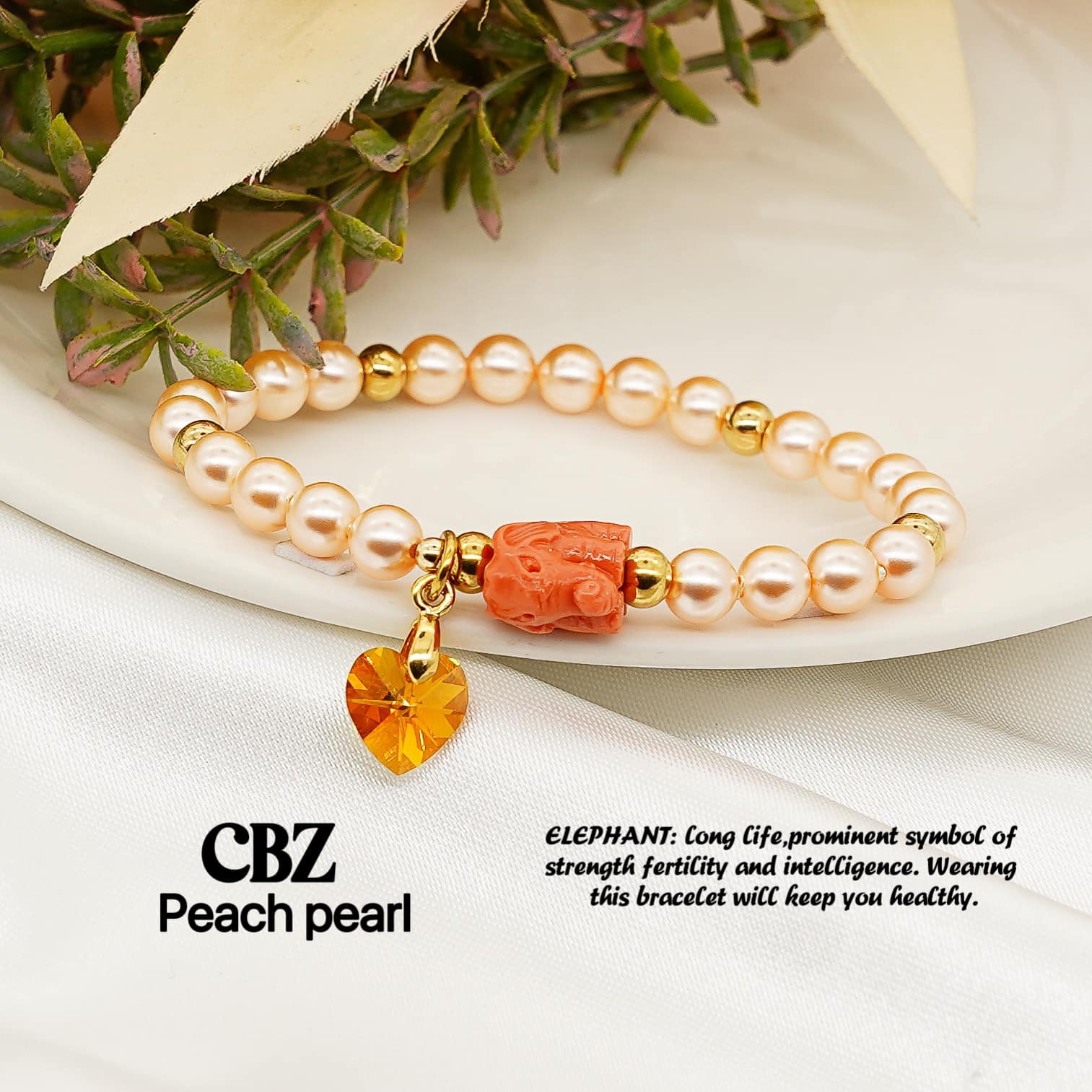 Lucky Elephant and Swarovski Heart Bracelet Bracelets StyleMoto Peach Pearl 