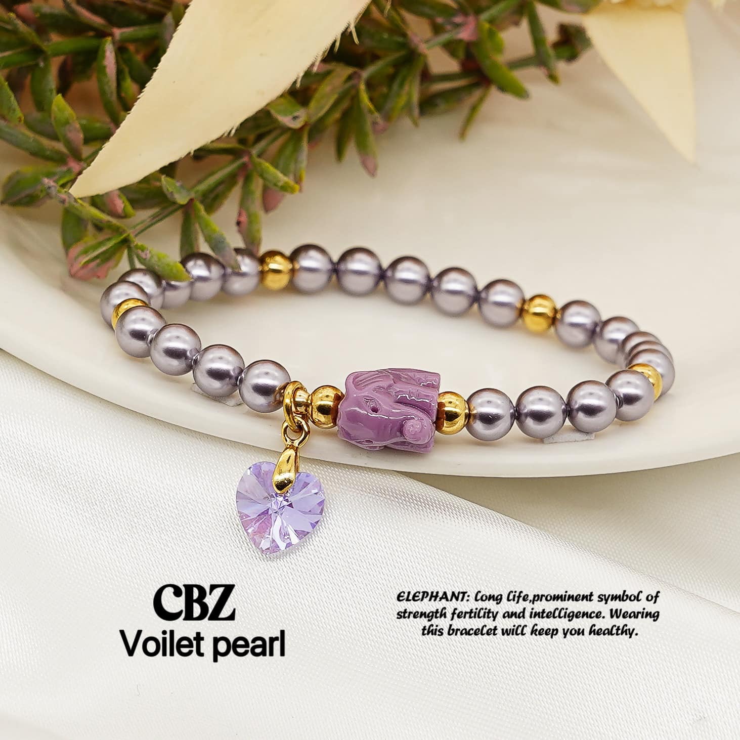 Lucky Elephant and Swarovski Heart Bracelet Bracelets StyleMoto Violet Pearl 
