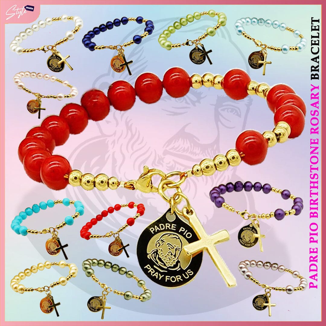 Padre Pio & Swarovski Pearl Birthstone Rosary Bracelet Bracelets StyleMoto 