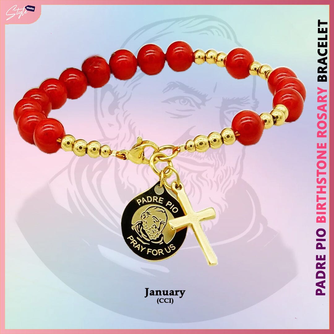 Padre Pio & Swarovski Pearl Birthstone Rosary Bracelet Bracelets StyleMoto January 