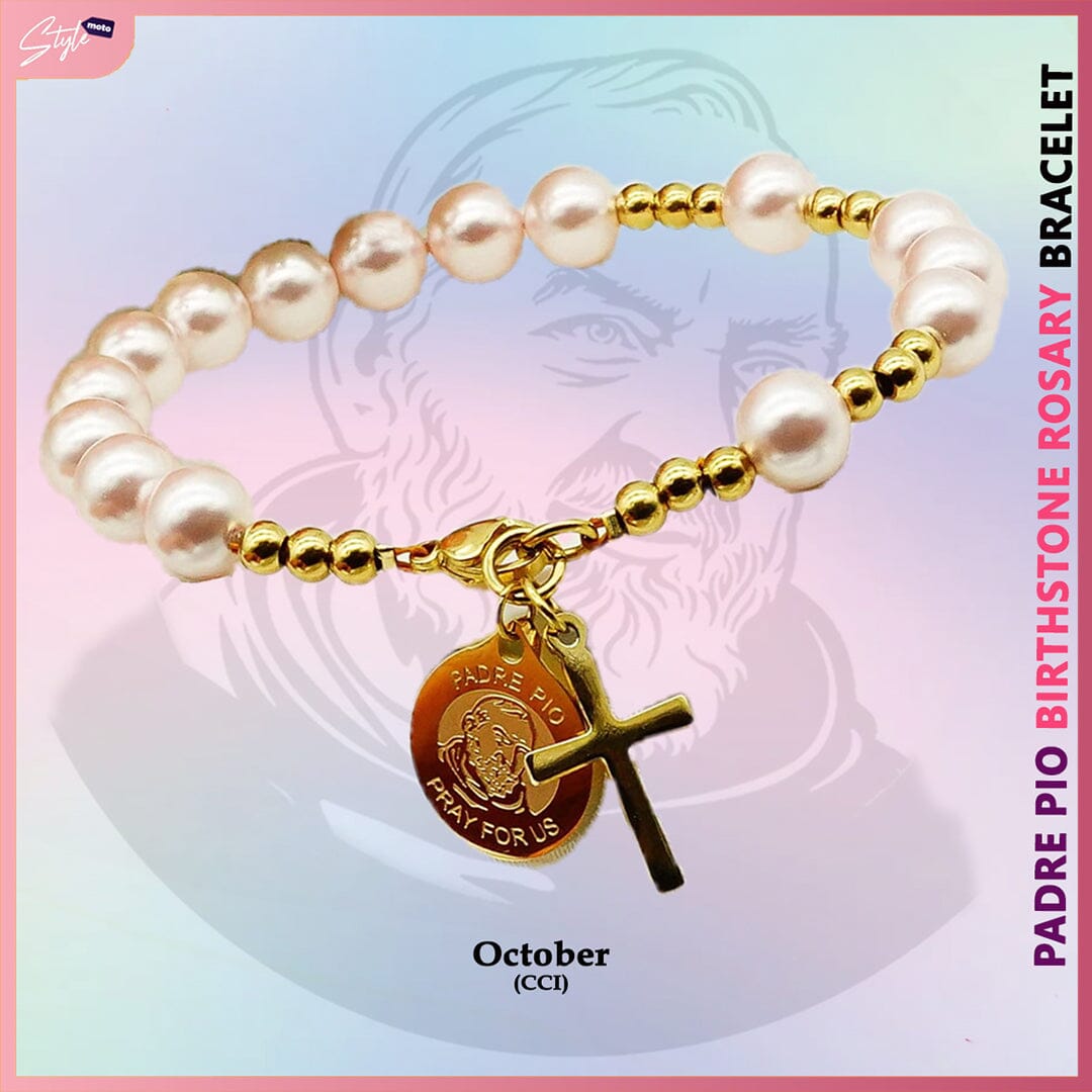 Padre Pio & Swarovski Pearl Birthstone Rosary Bracelet Bracelets StyleMoto October 