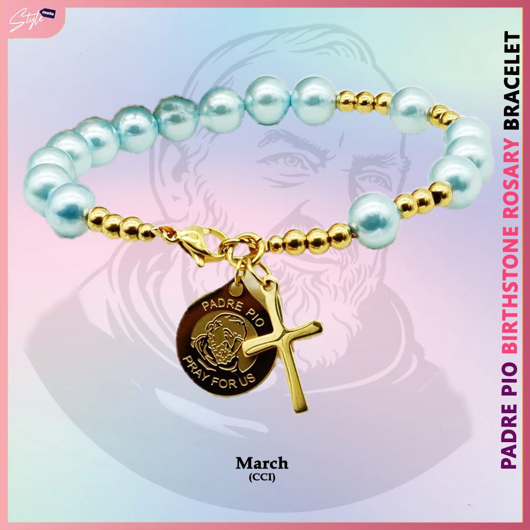 Padre Pio & Swarovski Pearl Birthstone Rosary Bracelet Bracelets StyleMoto March 