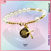 Padre Pio & Swarovski Pearl Birthstone Rosary Bracelet Bracelets StyleMoto April 