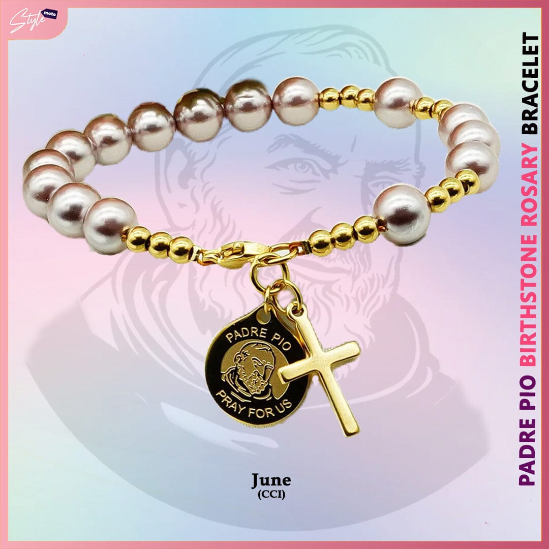 Padre Pio & Swarovski Pearl Birthstone Rosary Bracelet Bracelets StyleMoto June 
