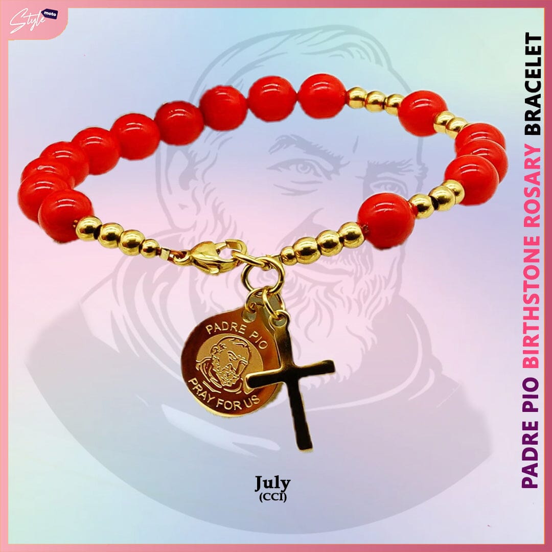 Padre Pio & Swarovski Pearl Birthstone Rosary Bracelet Bracelets StyleMoto July 